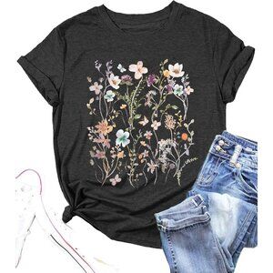 Women Grey Flower T Shirt Vintage Floral Graphic Shirt Garden Lover Top